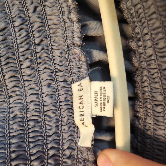 American Eagle Smocked Off-The-Shoulder Satin Top - Dusty Blue- Size Small - Picture 2 of 8